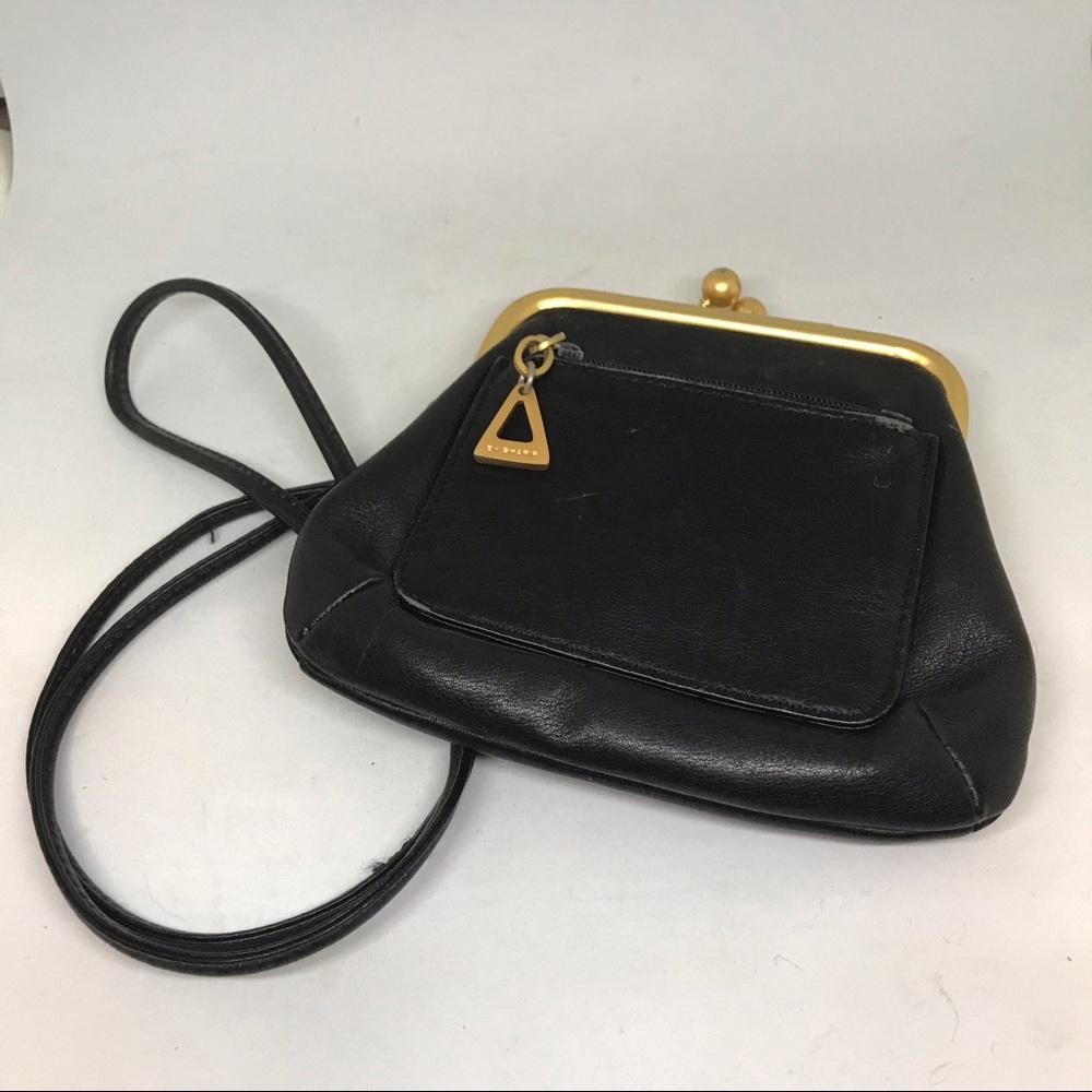 Black Leather Kisslock Frame Crossbody Pouch Purse